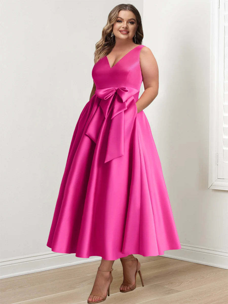 Plus Size V-Neck Sleeveless A-Line Princess Mother of the Bride Dress with Pockets and Ruffles Ankle-Length