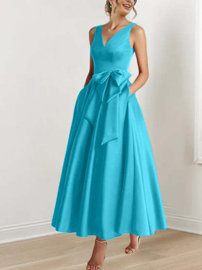 V-Neck Sleeveless A-Line Princess Ankle-Length Mother of the Bride Dress with Ruffles & Pockets