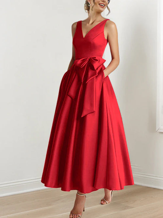 V-Neck Sleeveless A-Line Princess Ankle-Length Mother of the Bride Dress with Ruffles & Pockets