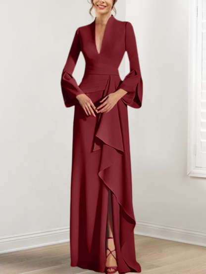 V-Neck Floor-Length Mother of the Bride Dress With Side Split and Long Sleeves