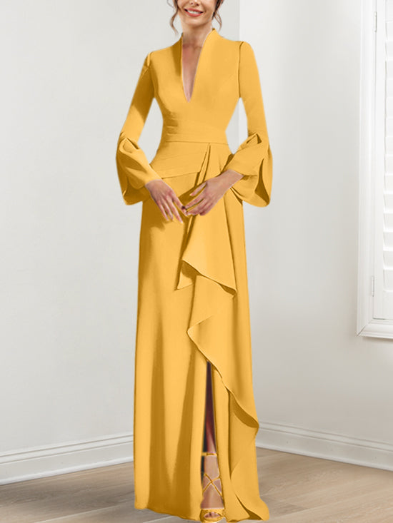 V-Neck Floor-Length Mother of the Bride Dress With Side Split and Long Sleeves