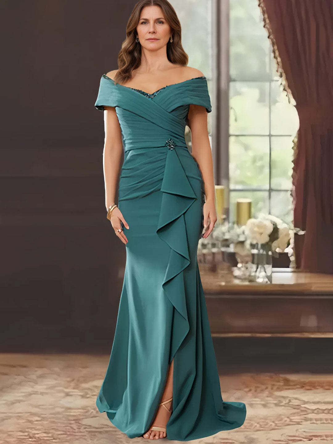 Off-the-Shoulder Ruffled Floor-Length Sheath Dress for the Mother of the Bride