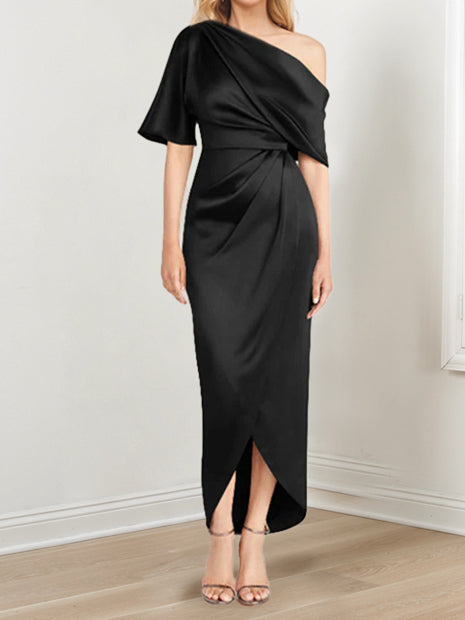 Asymmetrical One-Shoulder Short Sleeve Sheath Dress with Ruffles for the Mother of the Bride