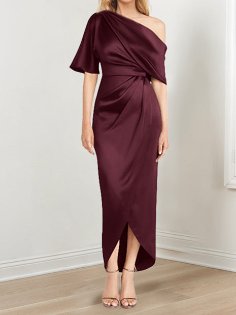 Asymmetrical One-Shoulder Short Sleeve Sheath Dress with Ruffles for the Mother of the Bride