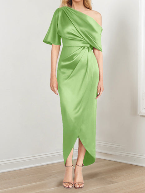 Asymmetrical One-Shoulder Short Sleeve Sheath Dress with Ruffles for the Mother of the Bride