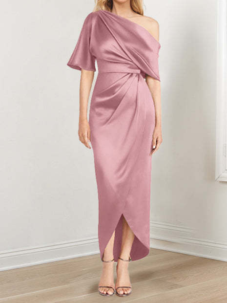 Asymmetrical One-Shoulder Short Sleeve Sheath Dress with Ruffles for the Mother of the Bride