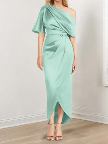 Asymmetrical One-Shoulder Short Sleeve Sheath Dress with Ruffles for the Mother of the Bride