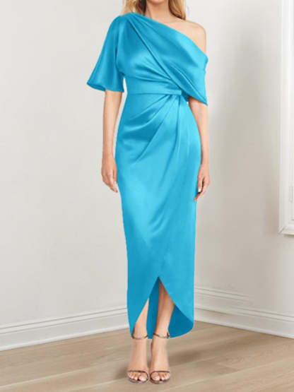Asymmetrical One-Shoulder Short Sleeve Sheath Dress with Ruffles for the Mother of the Bride