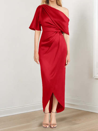 Asymmetrical One-Shoulder Short Sleeve Sheath Dress with Ruffles for the Mother of the Bride