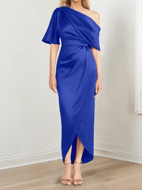 Asymmetrical One-Shoulder Short Sleeve Sheath Dress with Ruffles for the Mother of the Bride
