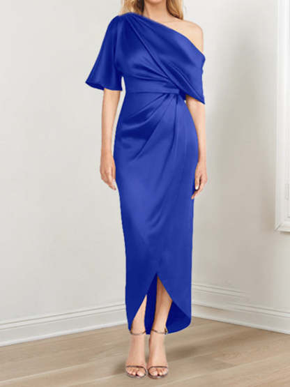 Asymmetrical One-Shoulder Short Sleeve Sheath Dress with Ruffles for the Mother of the Bride