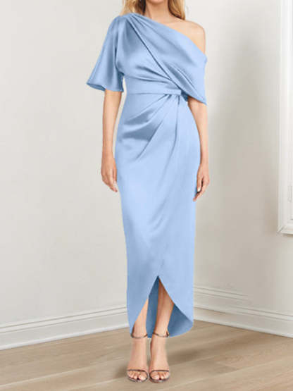 Asymmetrical One-Shoulder Short Sleeve Sheath Dress with Ruffles for the Mother of the Bride