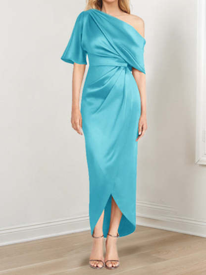 Asymmetrical One-Shoulder Short Sleeve Sheath Dress with Ruffles for the Mother of the Bride