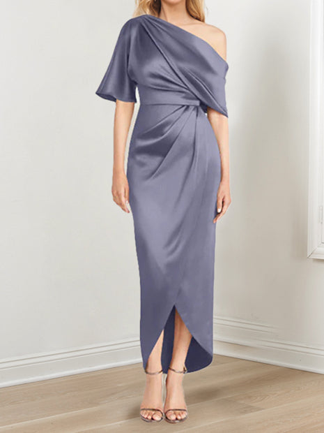 Asymmetrical One-Shoulder Short Sleeve Sheath Dress with Ruffles for the Mother of the Bride
