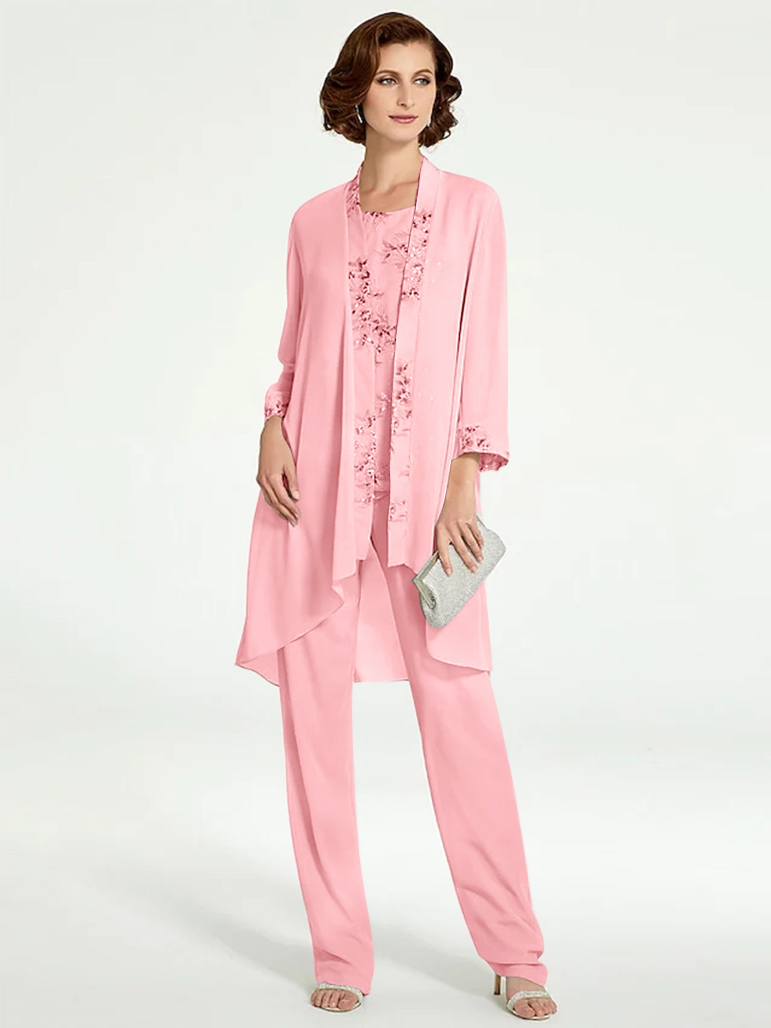 Floor-Length Round Neck Chiffon Pantsuits with Jacket for the Mother of the Bride