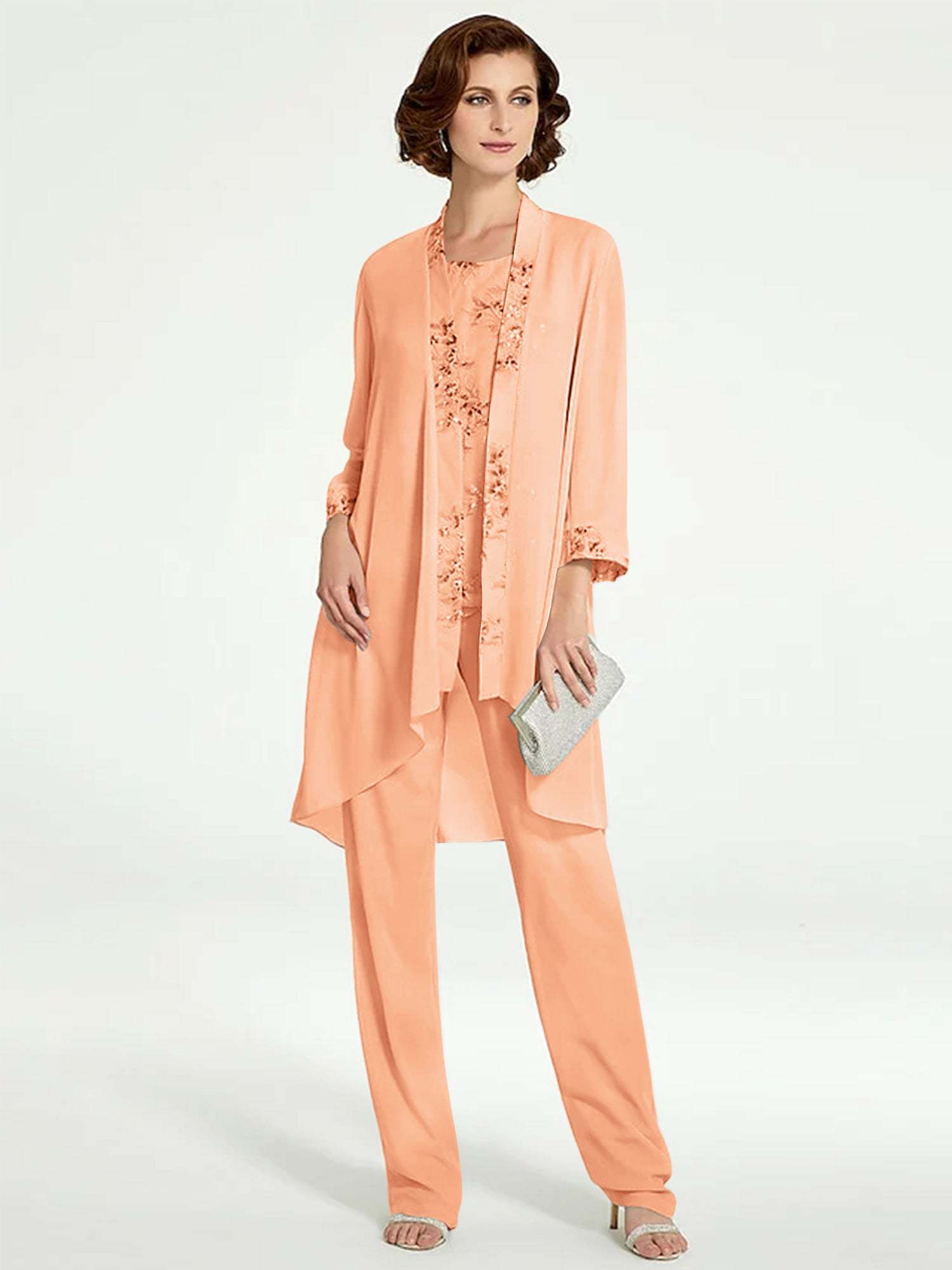 Floor-Length Round Neck Chiffon Pantsuits with Jacket for the Mother of the Bride