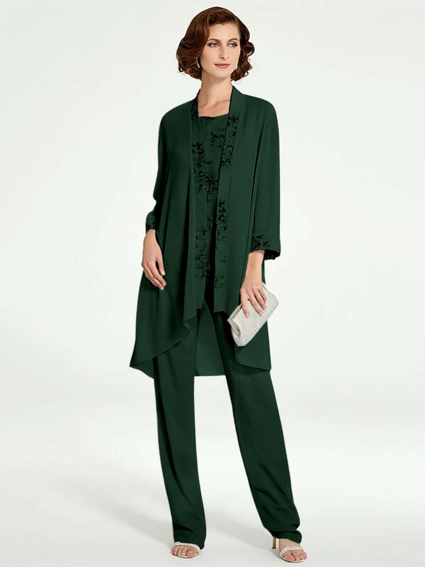Floor-Length Round Neck Chiffon Pantsuits with Jacket for the Mother of the Bride