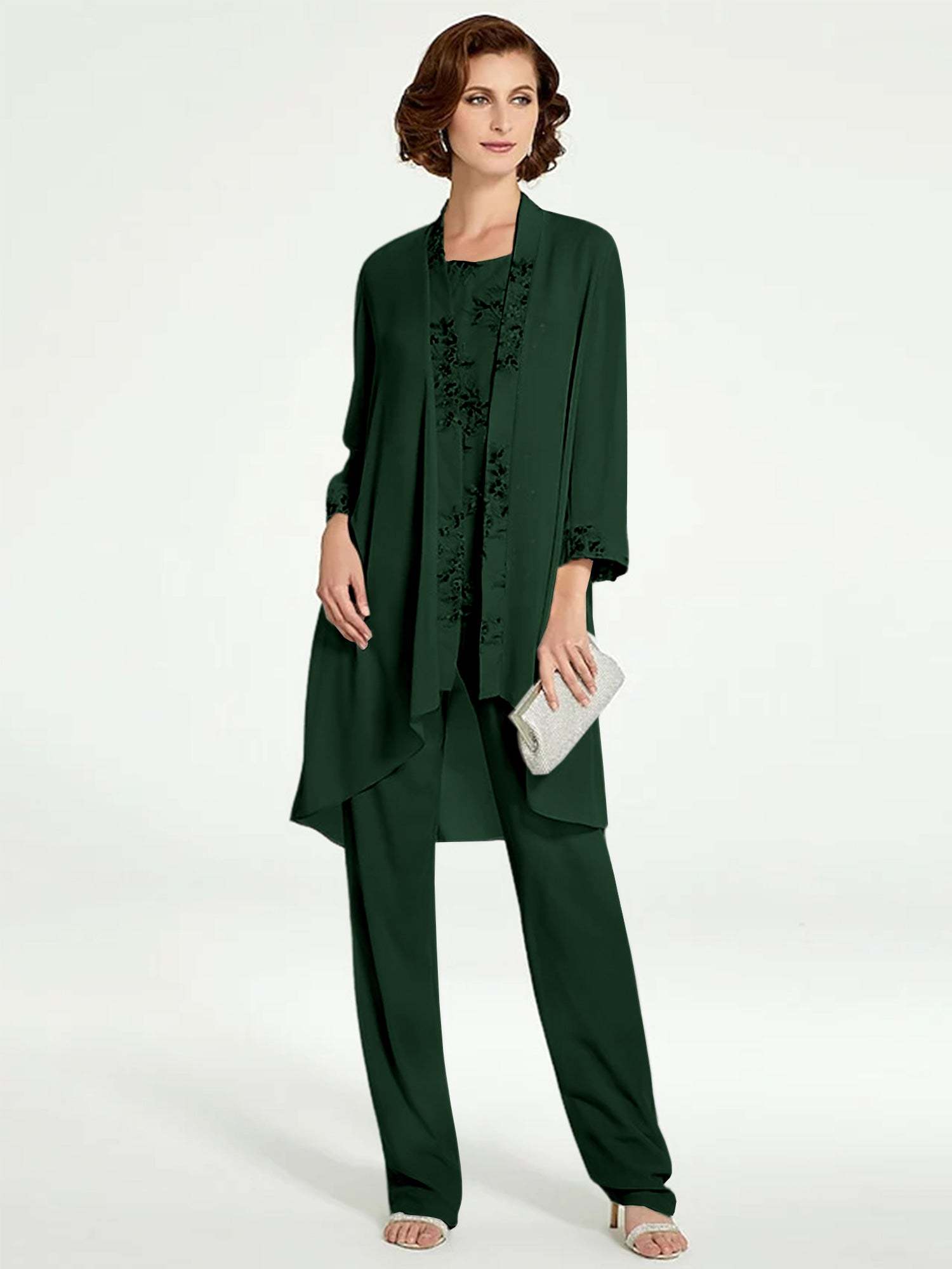 Floor-Length Round Neck Chiffon Pantsuits with Jacket for the Mother of the Bride