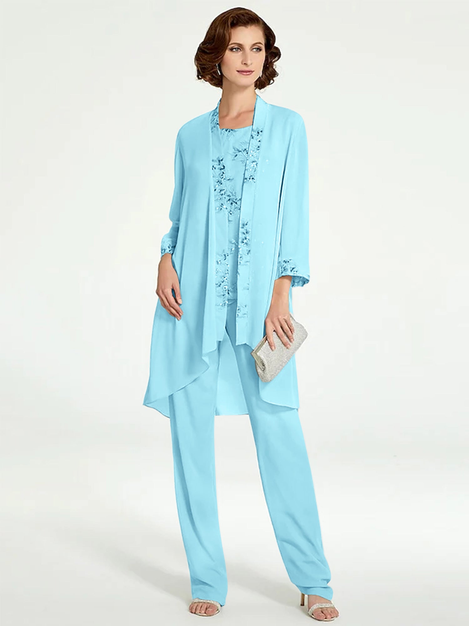 Floor-Length Round Neck Chiffon Pantsuits with Jacket for the Mother of the Bride
