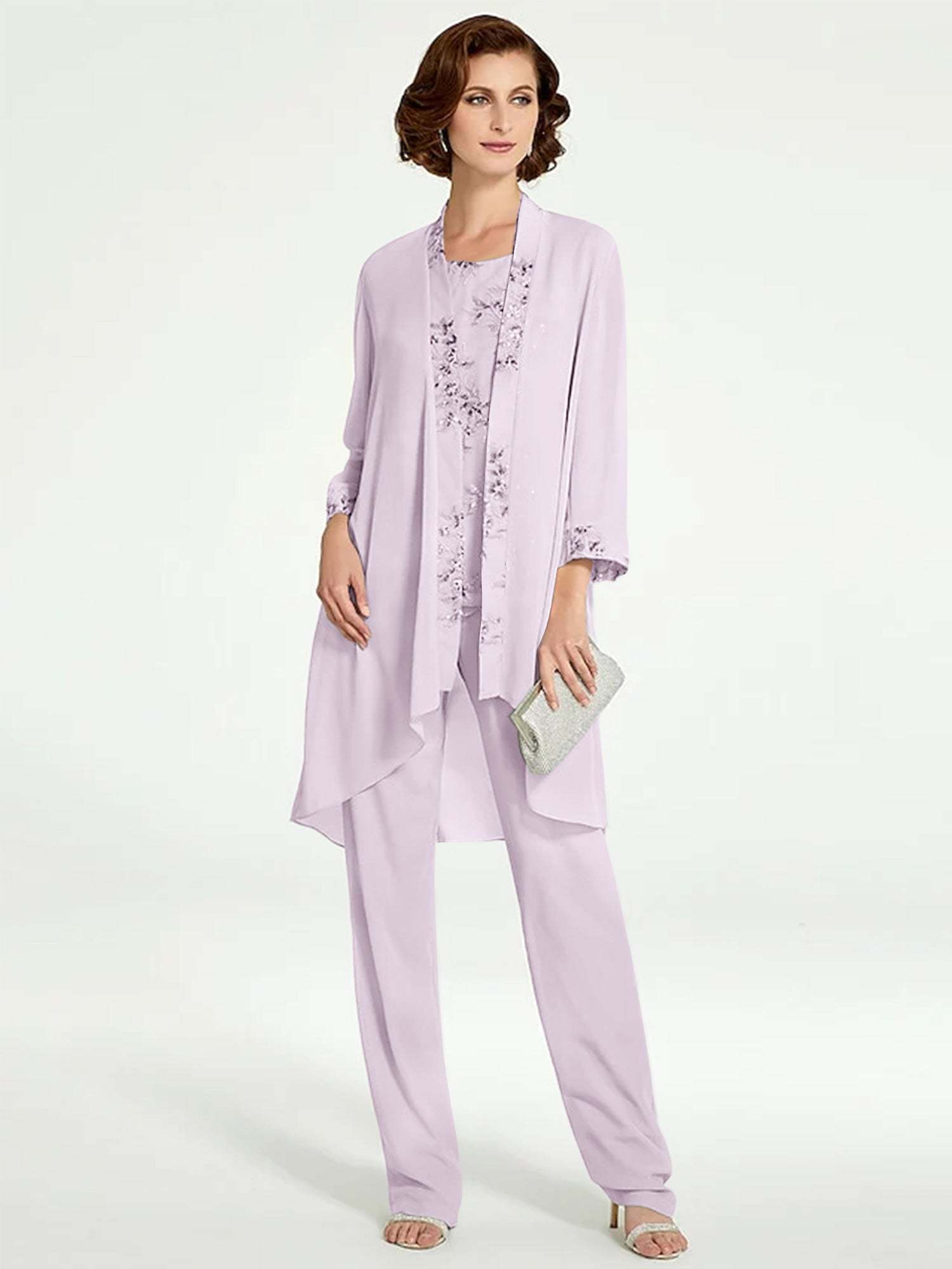 Floor-Length Round Neck Chiffon Pantsuits with Jacket for the Mother of the Bride