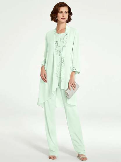 Floor-Length Round Neck Chiffon Pantsuits with Jacket for the Mother of the Bride