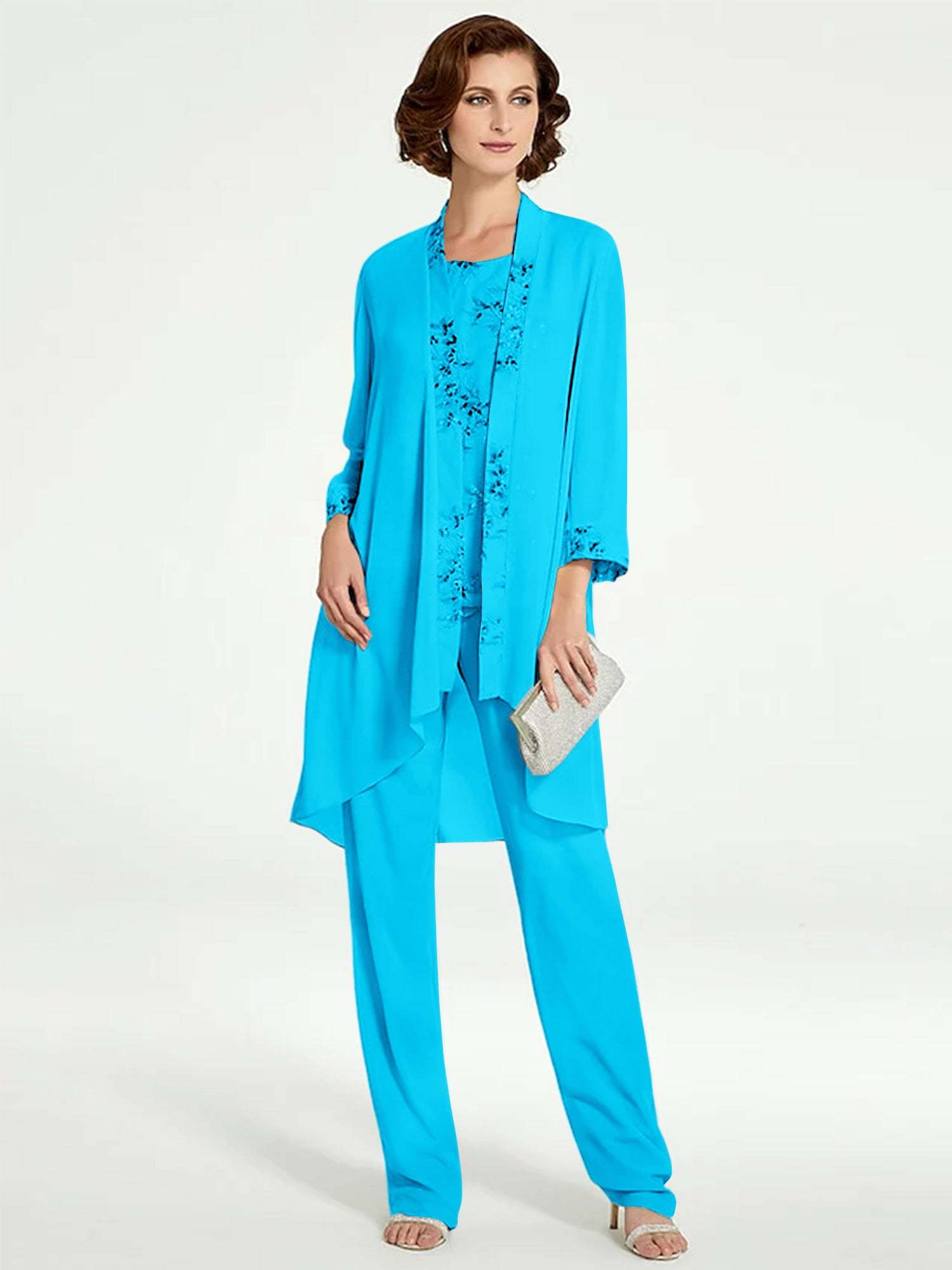 Floor-Length Round Neck Chiffon Pantsuits with Jacket for the Mother of the Bride