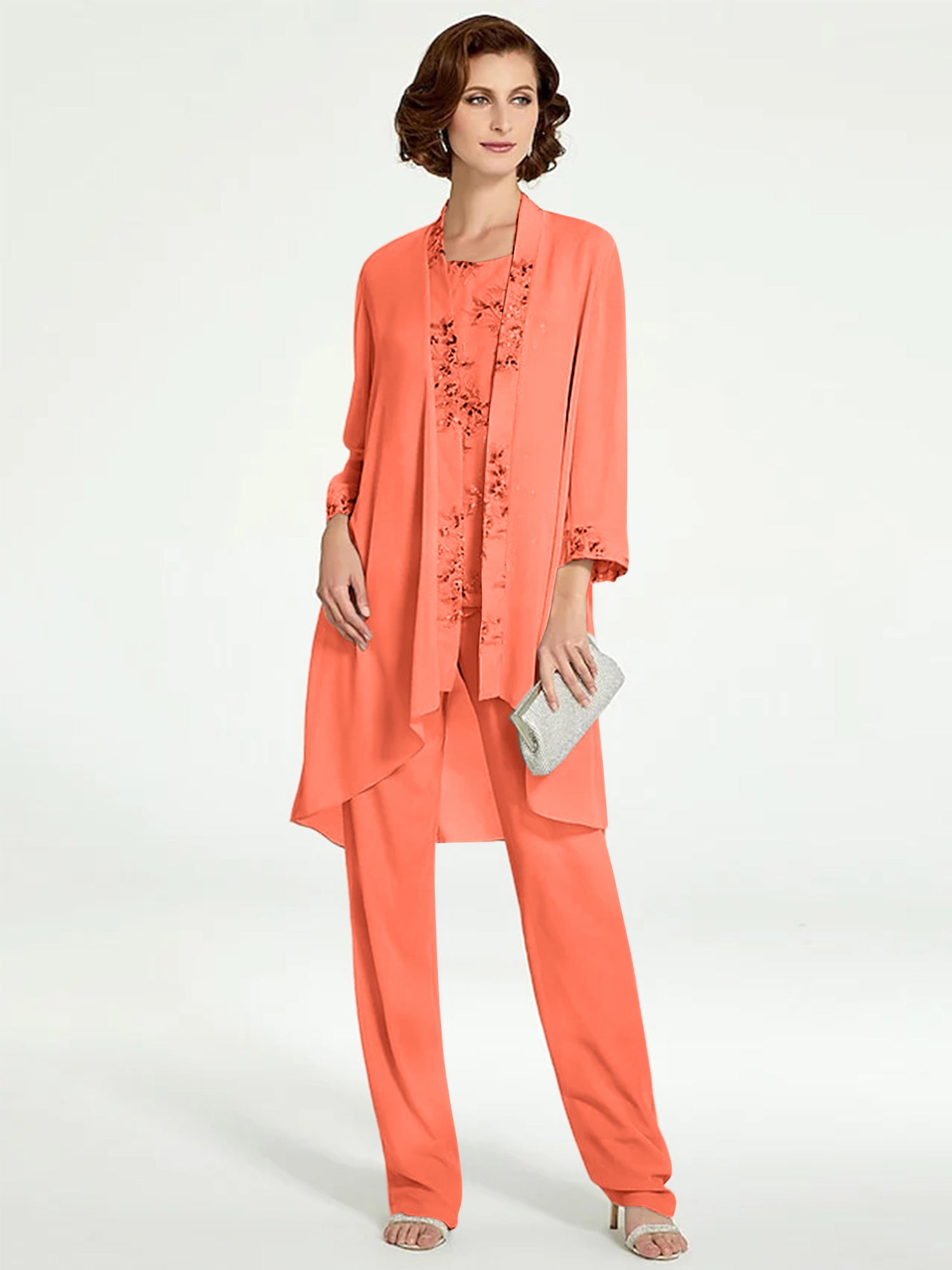 Floor-Length Round Neck Chiffon Pantsuits with Jacket for the Mother of the Bride