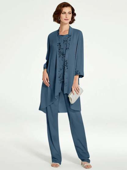 Floor-Length Round Neck Chiffon Pantsuits with Jacket for the Mother of the Bride