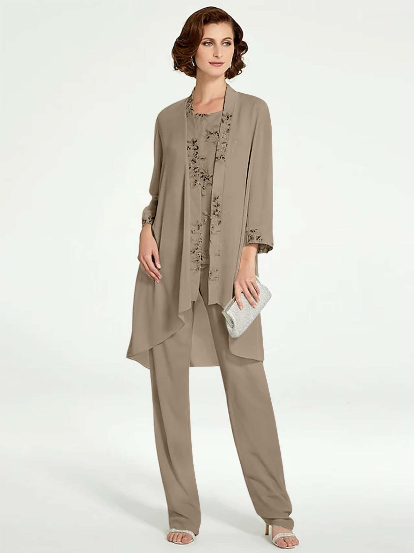 Floor-Length Round Neck Chiffon Pantsuits with Jacket for the Mother of the Bride