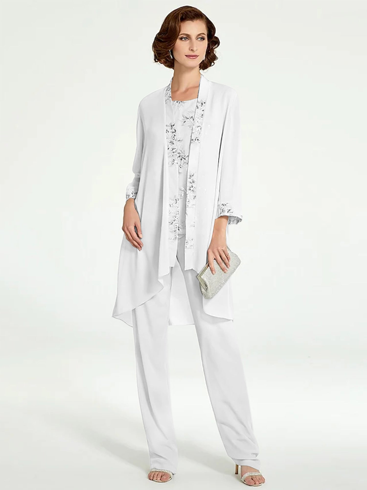 Floor-Length Round Neck Chiffon Pantsuits with Jacket for the Mother of the Bride