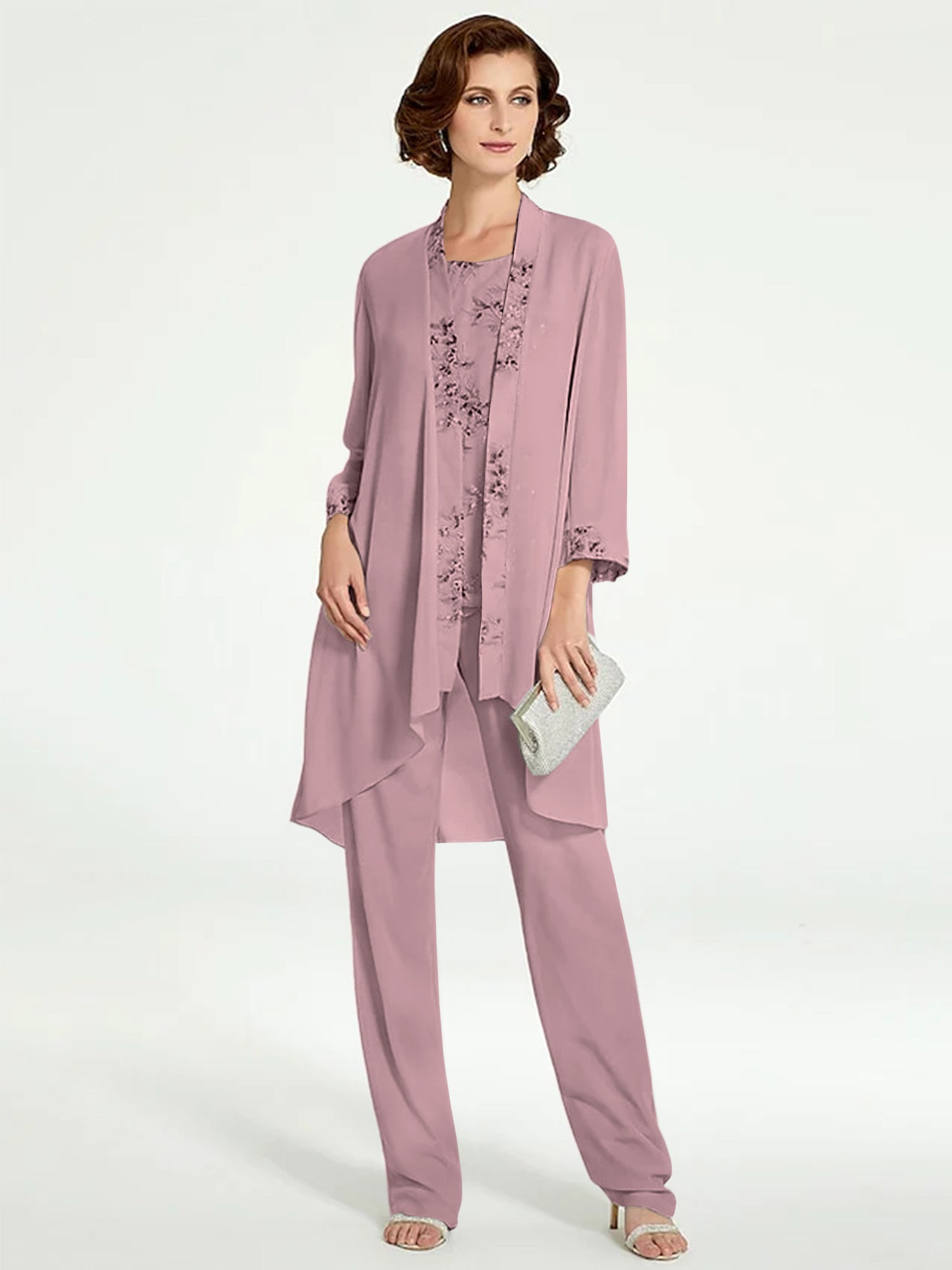 Floor-Length Round Neck Chiffon Pantsuits with Jacket for the Mother of the Bride