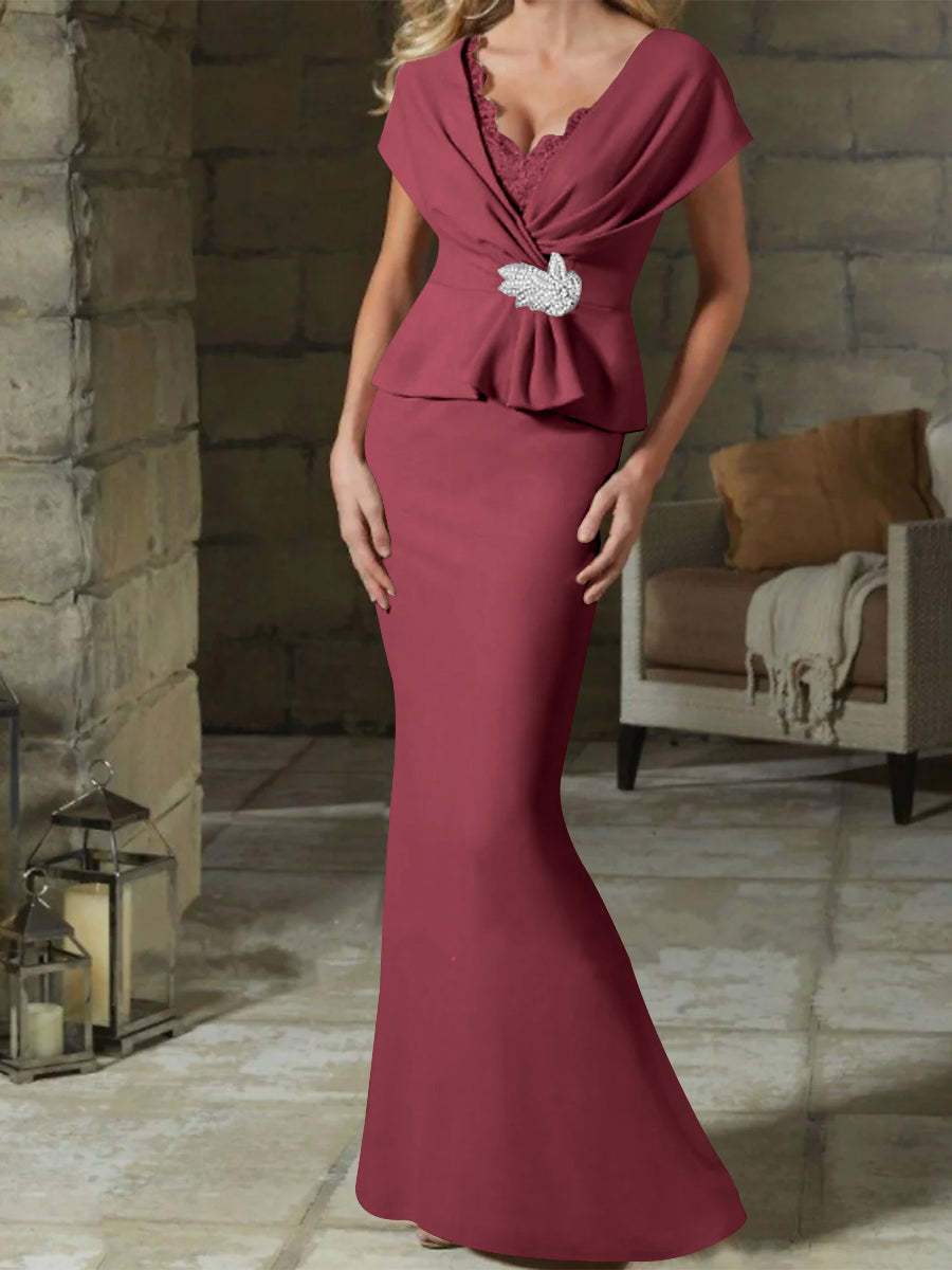 V-Neck Belted Mother of the Bride Sheath/Column Dresses
