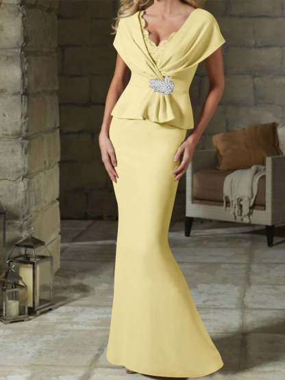 V-Neck Belted Mother of the Bride Sheath/Column Dresses