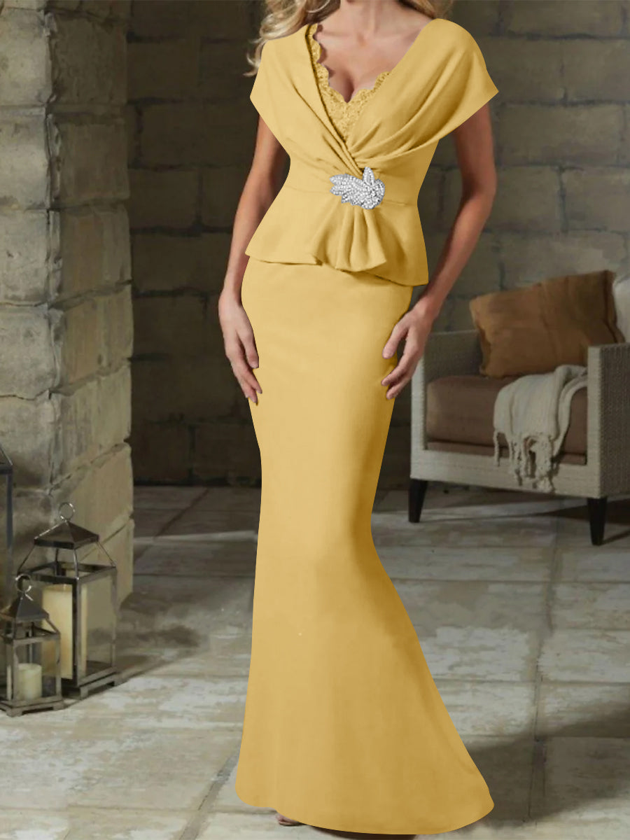 V-Neck Belted Mother of the Bride Sheath/Column Dresses