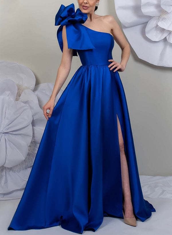 Satin Mother of the Bride One-Shoulder A-Line Dress with Side Split