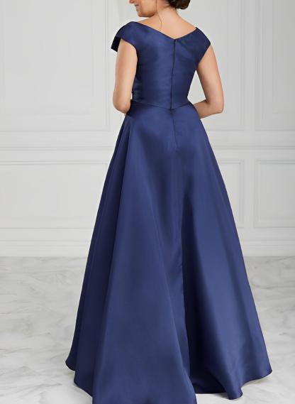 V-Neck Satin A-Line Mother of the Bride Dresses with Ruched Princess Details
