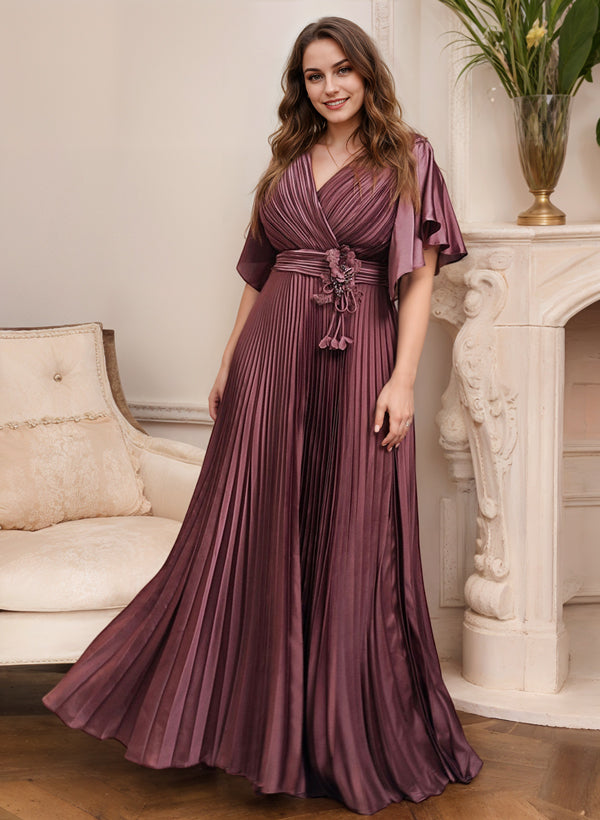V-Neck A-Line Princess Short Sleeve Mother of the Bride Dress with Belt