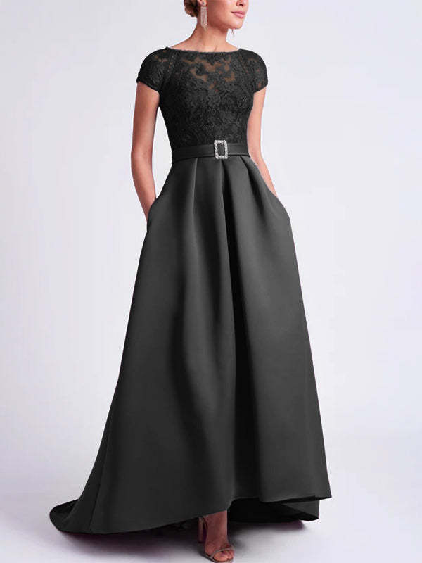 Asymmetrical A-Line Mother of the Bride Dress with Scoop Neck and Short Sleeves