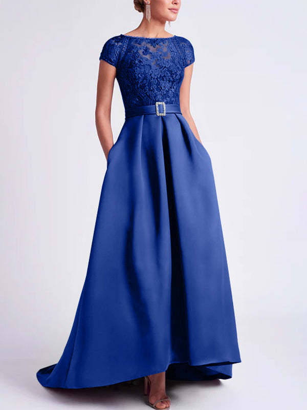 Asymmetrical A-Line Mother of the Bride Dress with Scoop Neck and Short Sleeves
