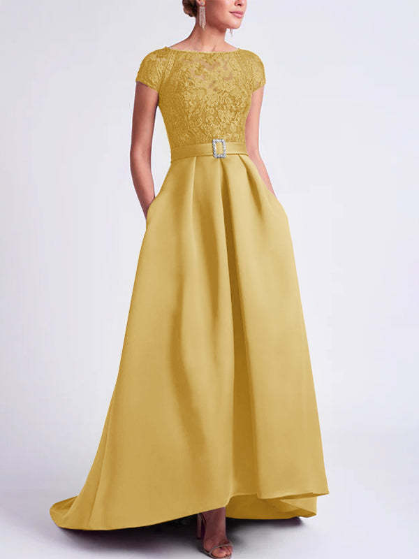 Asymmetrical A-Line Mother of the Bride Dress with Scoop Neck and Short Sleeves