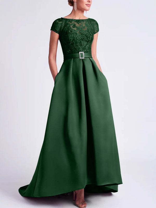 Asymmetrical A-Line Mother of the Bride Dress with Scoop Neck and Short Sleeves