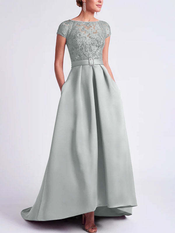Asymmetrical A-Line Mother of the Bride Dress with Scoop Neck and Short Sleeves