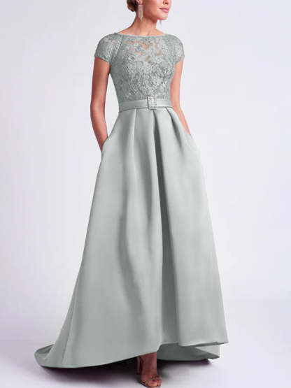 Asymmetrical A-Line Mother of the Bride Dress with Scoop Neck and Short Sleeves