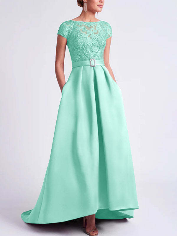 Asymmetrical A-Line Mother of the Bride Dress with Scoop Neck and Short Sleeves