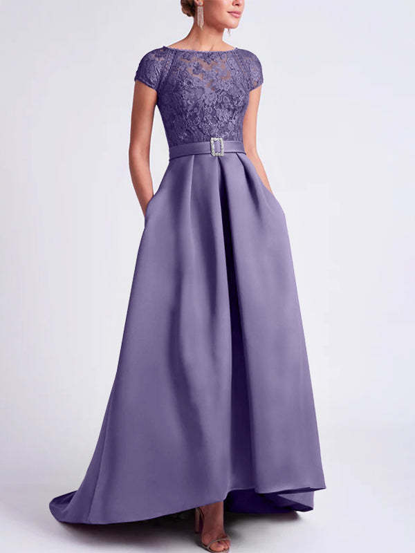 Asymmetrical A-Line Mother of the Bride Dress with Scoop Neck and Short Sleeves