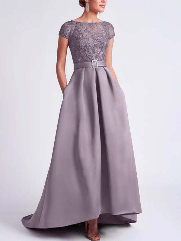 Asymmetrical A-Line Mother of the Bride Dress with Scoop Neck and Short Sleeves