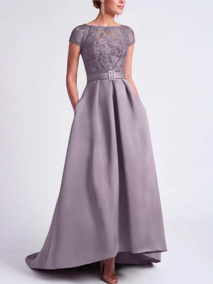 Asymmetrical A-Line Mother of the Bride Dress with Scoop Neck and Short Sleeves