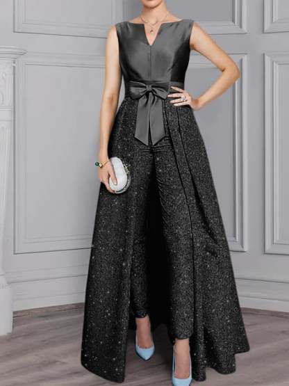 2-Piece Long-Sleeve Mother of the Bride Pantsuit with Sash and Sequins