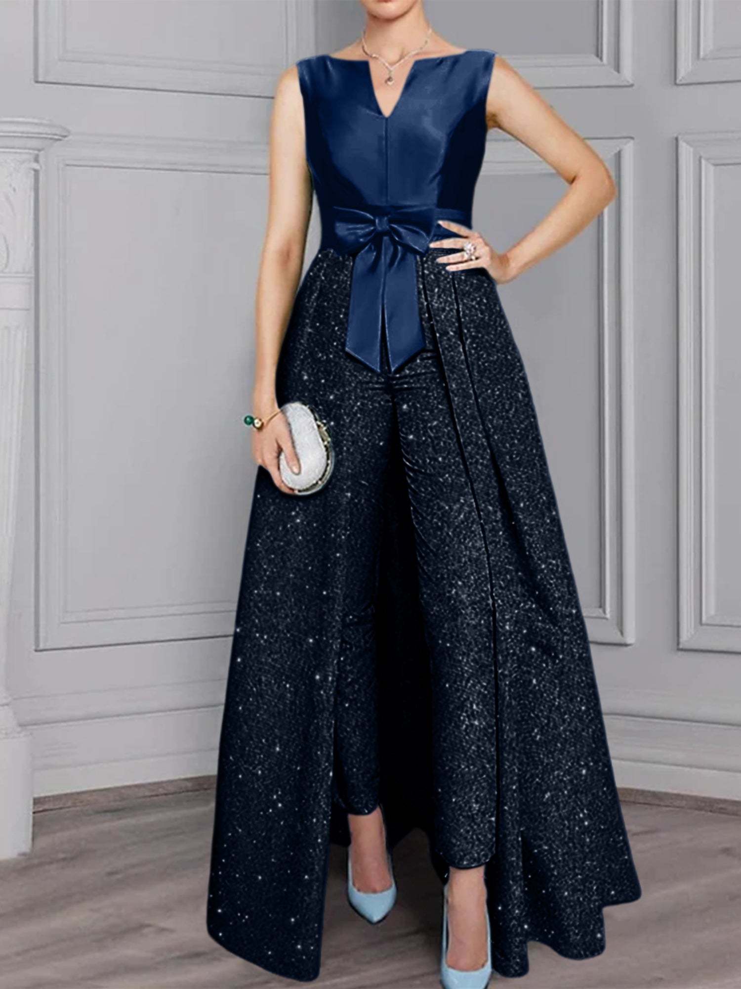 2-Piece Long-Sleeve Mother of the Bride Pantsuit with Sash and Sequins