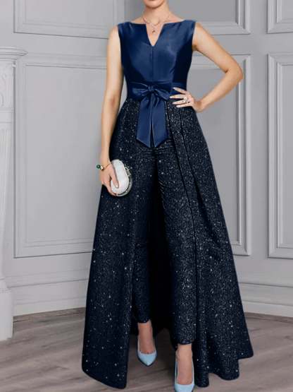 2-Piece Long-Sleeve Mother of the Bride Pantsuit with Sash and Sequins